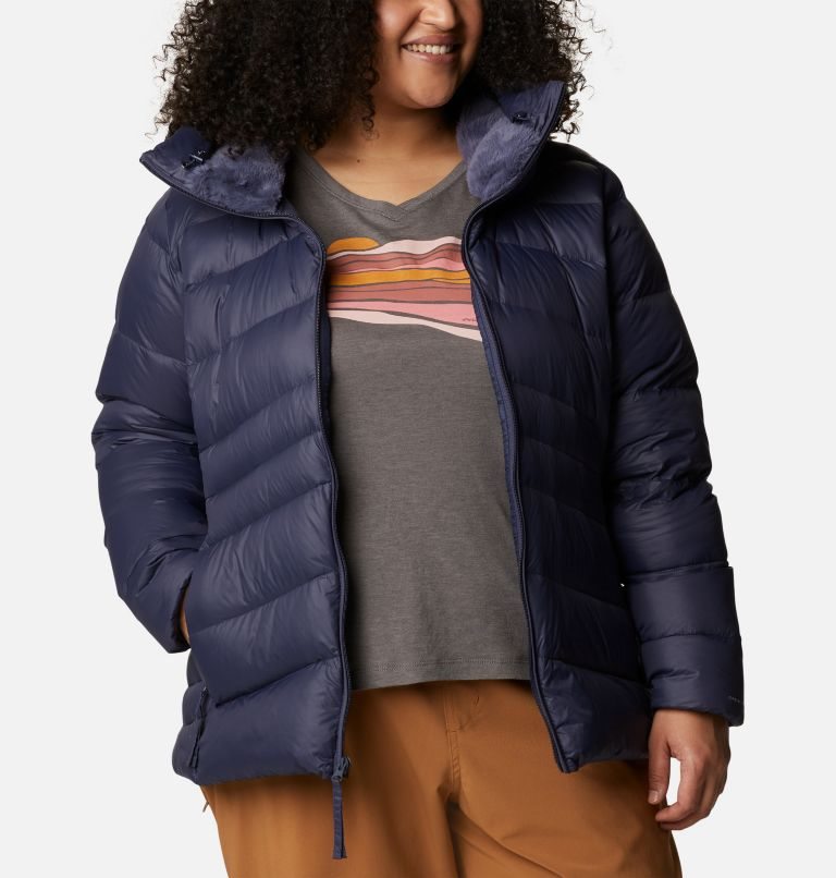 Women's Columbia Autumn Park Hooded Down Jackets Navy | Plus Size CA-N03C5